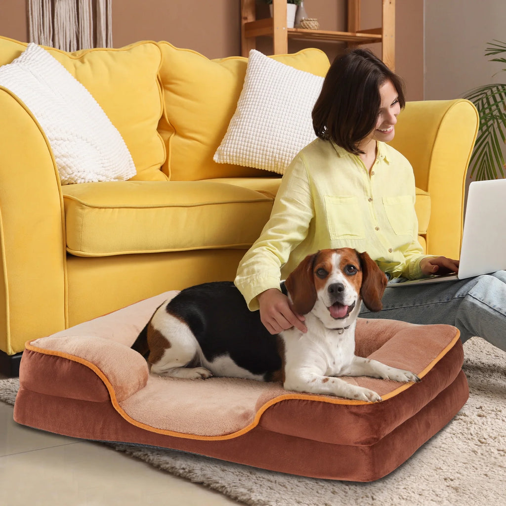 42"X32" Orthopedic Dog Bed, Memory Foam Puppy Sleeping Sofa, with Non-Slip Base, Washable Removable Cover, Improved Sleep for Pet, Brown