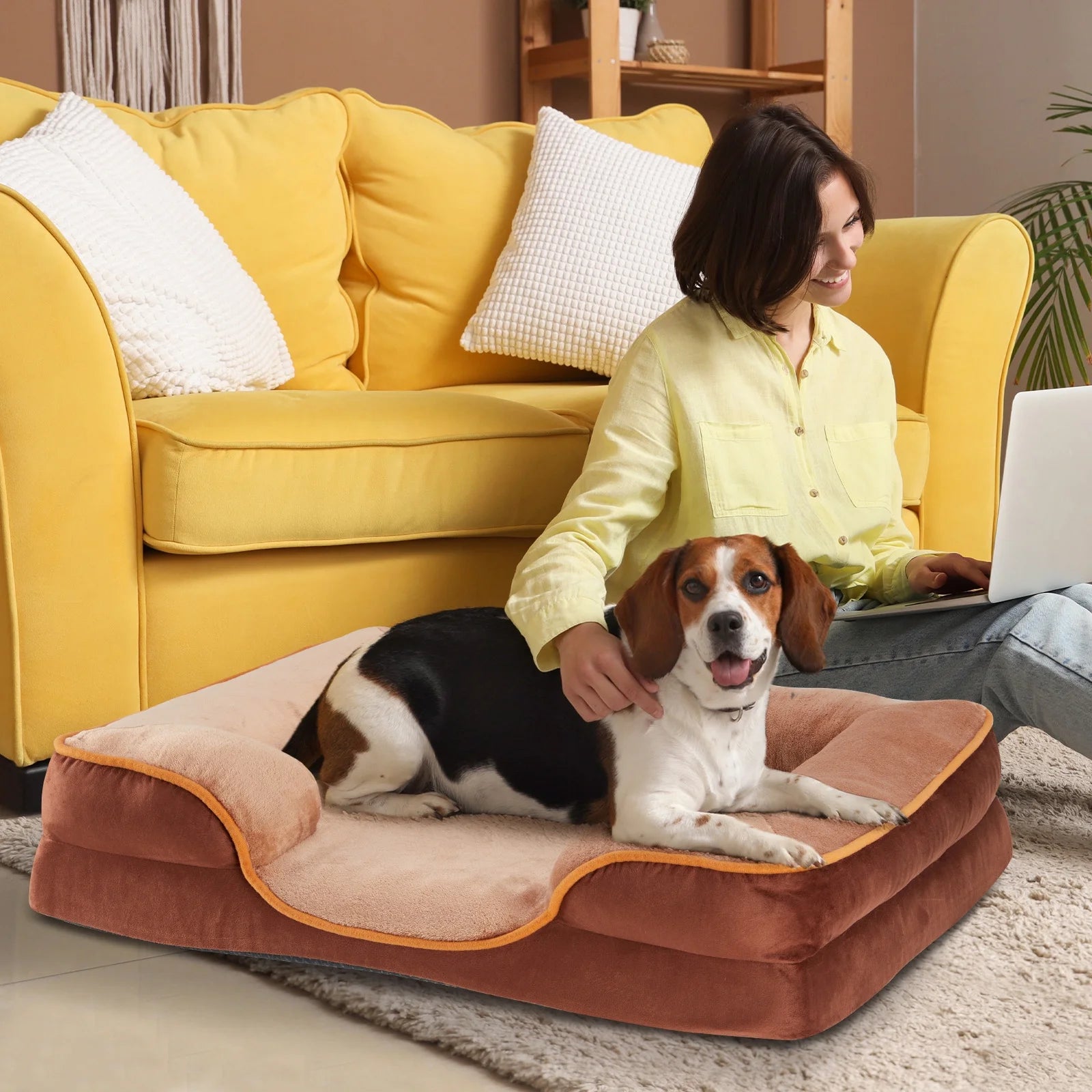 42"X32" Orthopedic Dog Bed, Memory Foam Puppy Sleeping Sofa, with Non-Slip Base, Washable Removable Cover, Improved Sleep for Pet, Brown