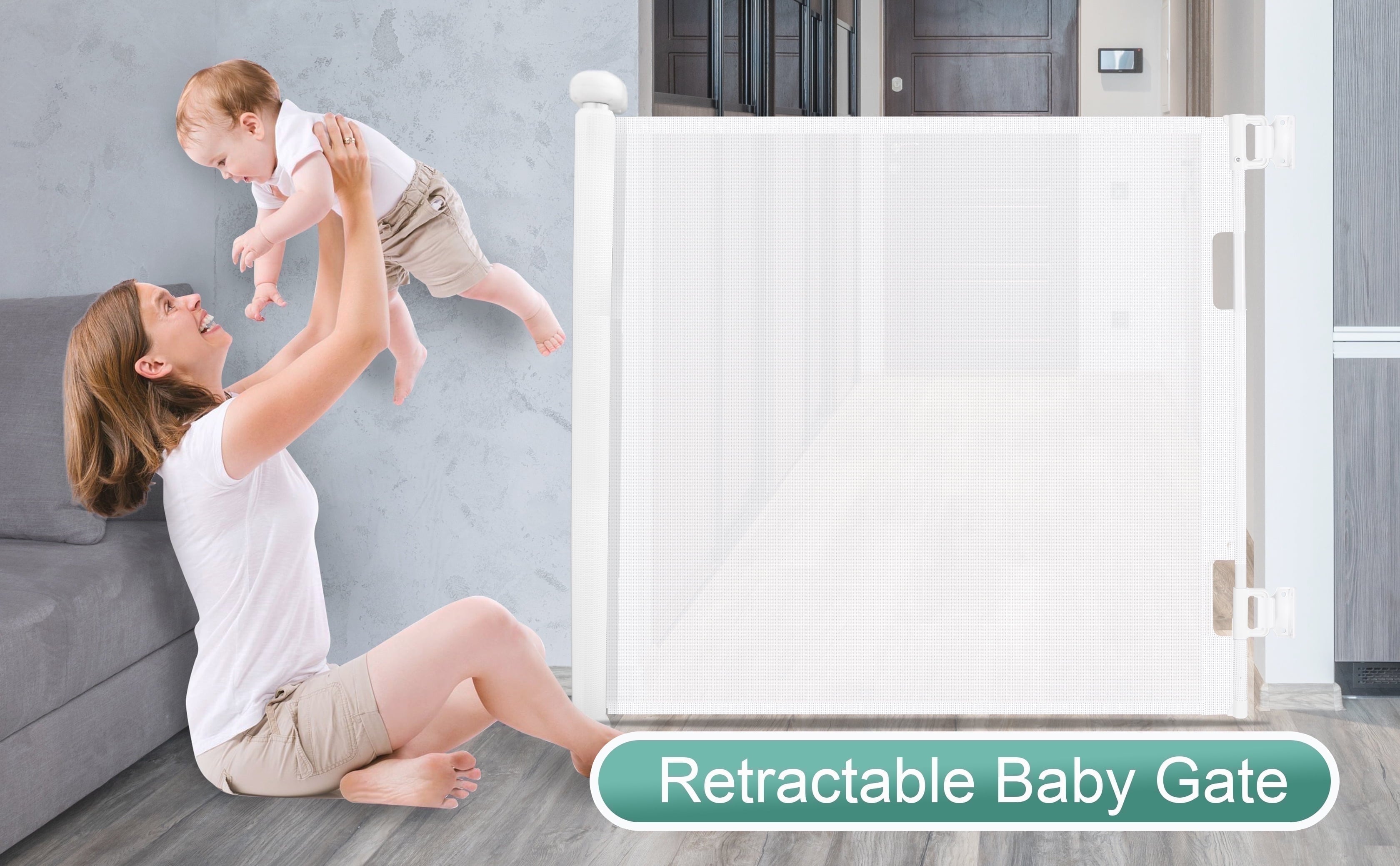 Retractable Baby Gate 33"X71"（1.8M）- Retractable Dog Gate (White)