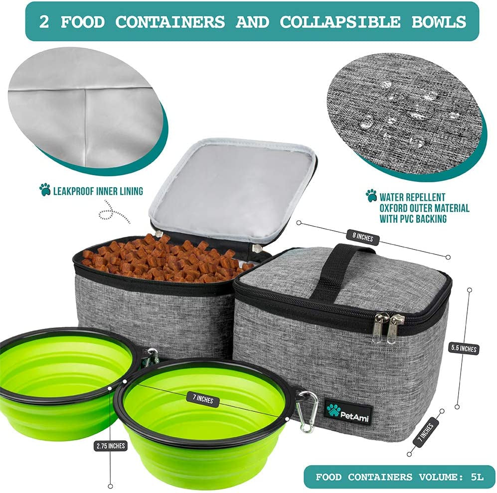Dog Travel Bag, Travel Pet Bag Organizer, Dog Food Travel Bag with Container Collapsible Bowls, Pet Travel Supplies Gift Accessories for Weekend Camping, Puppy Cat Diaper Bag, Gray Large