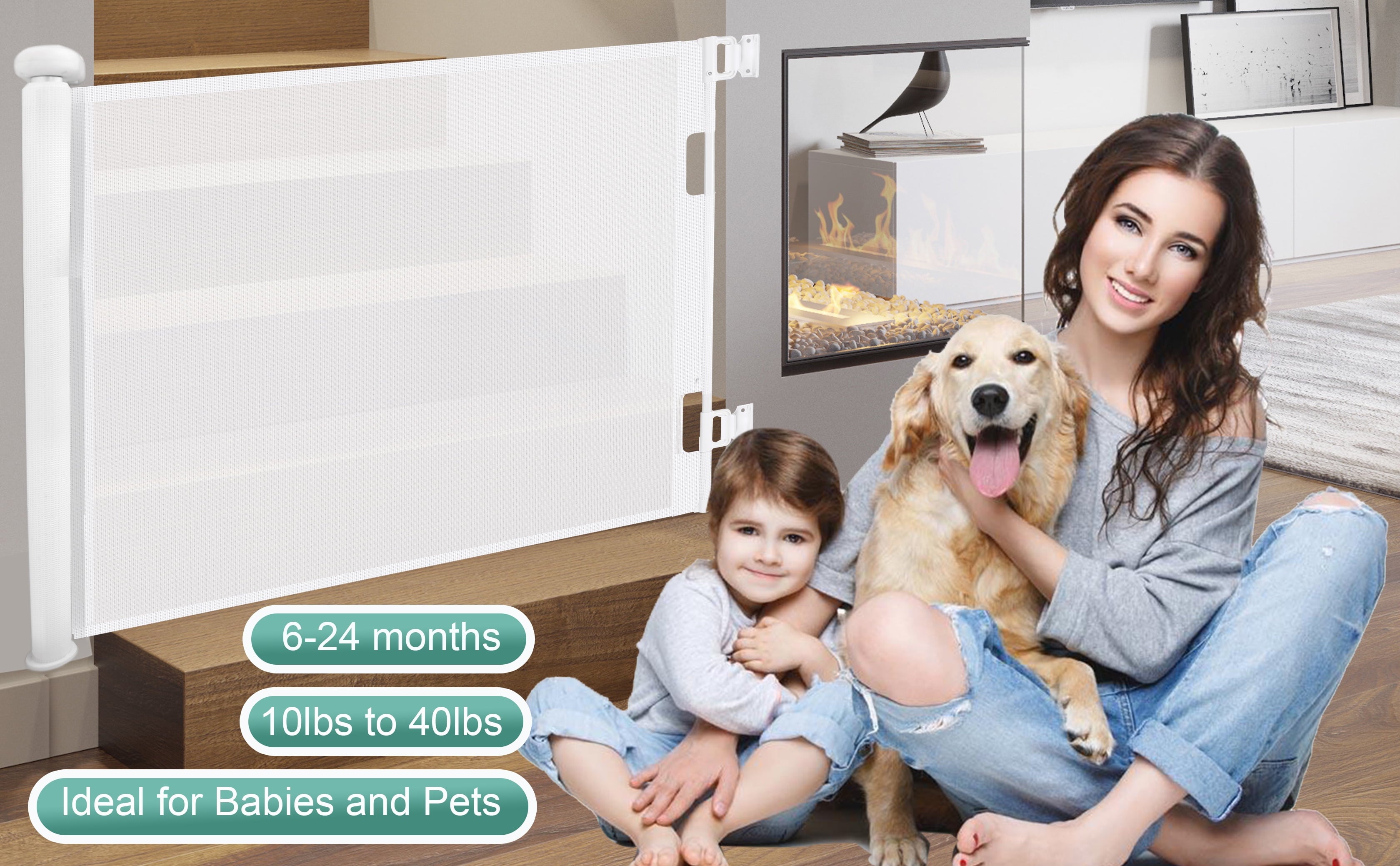Retractable Baby Gate 33"X71"（1.8M）- Retractable Dog Gate (White)
