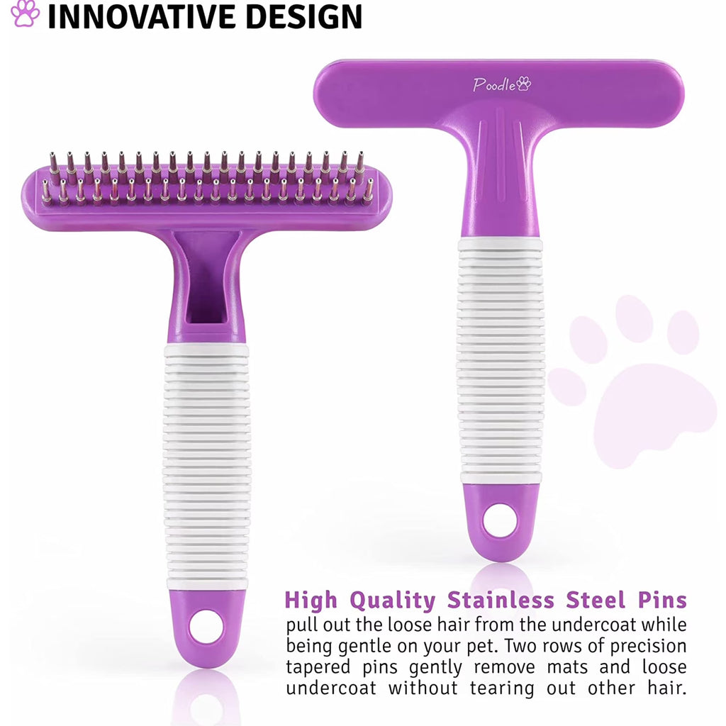Poodle Pet Stainless Steel Dog Dematting Comb Undercoat Rake Grooming Brush, Purple