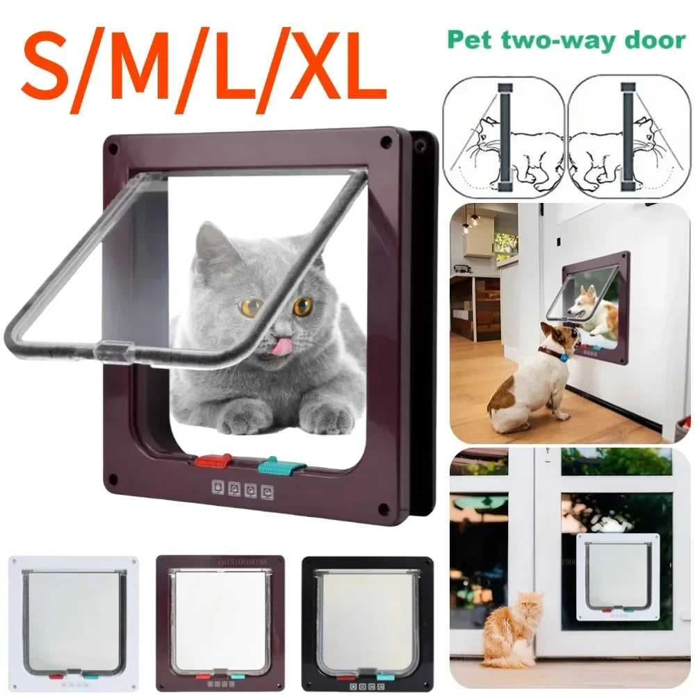 Cat Flap Door with 4 Way Security Lock ABS Plastic Gate Puppy Kitten Safety In/Out Dog Cat Flap Door Kit Small Pet Supplies
