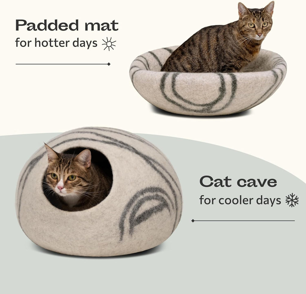 Cat Cave – Premium Felt Cat Bed for Indoor Cats, Handmade Merino Wool (Light Gray, Medium)