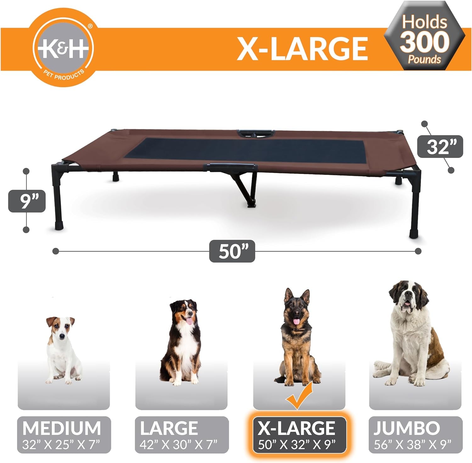 K&H Outdoor Elevated Dog Bed - Cooling Raised Dog Bed for Large & Extra-Large Pets, Breathable Mesh Center Hammock Design, Indoor/Outdoor Washable Cover, Portable Metal Frame, Chocolate, XL 50X32In