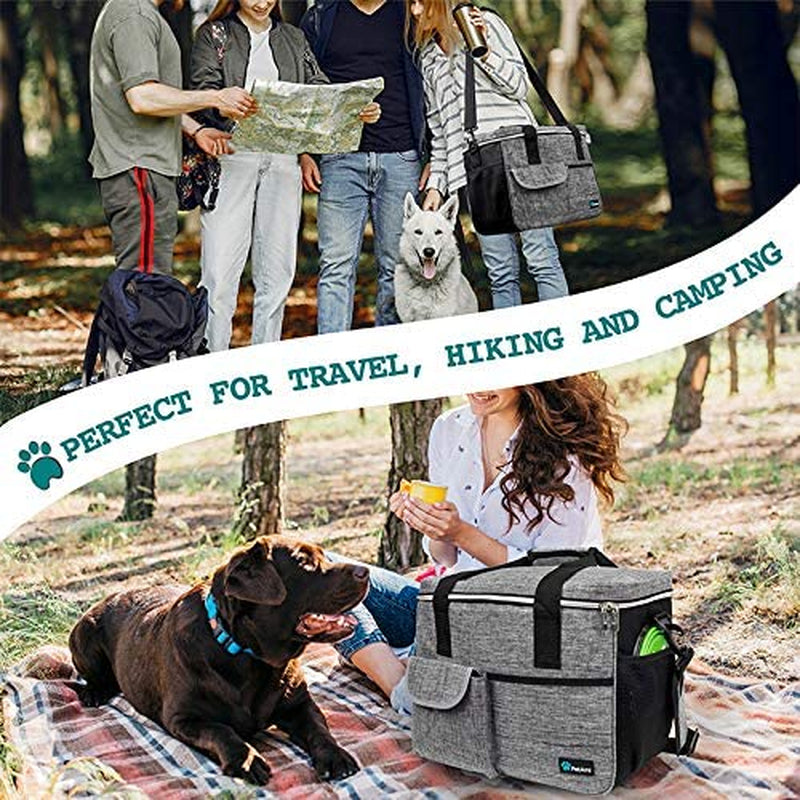 Dog Travel Bag, Travel Pet Bag Organizer, Dog Food Travel Bag with Container Collapsible Bowls, Pet Travel Supplies Gift Accessories for Weekend Camping, Puppy Cat Diaper Bag, Gray Large