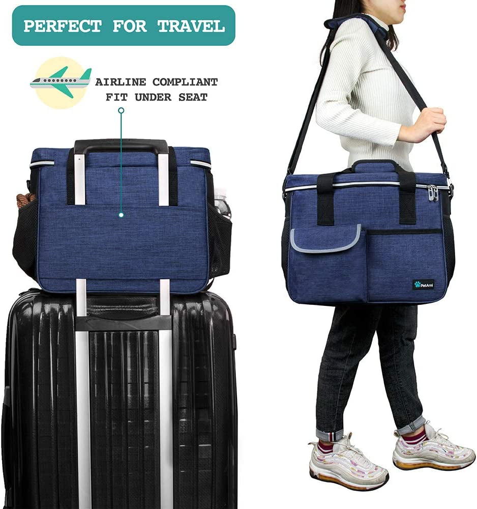 Dog Travel Bag, Travel Pet Bag Organizer, Dog Food Travel Bag with Container Collapsible Bowls, Pet Travel Supplies Gift Accessories for Weekend Camping, Puppy Cat Diaper Bag, Navy Blue Medium