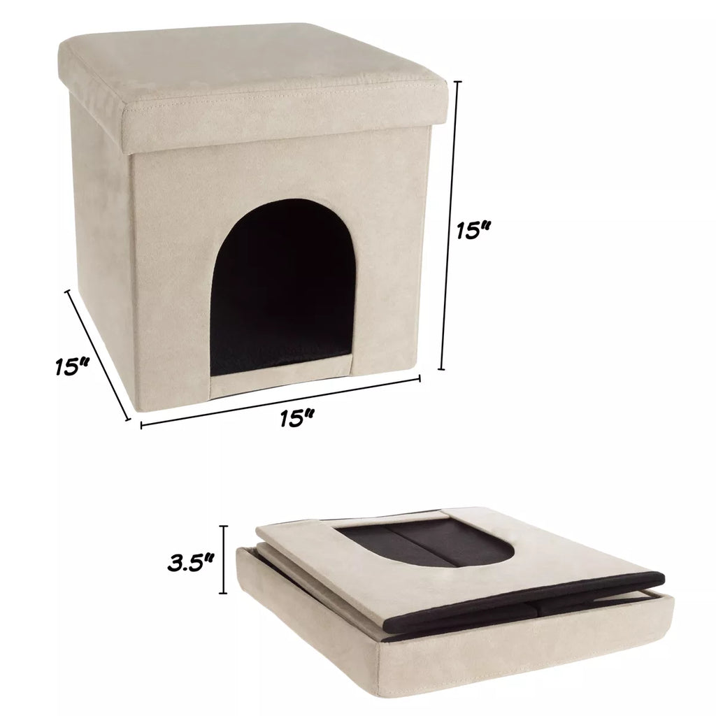 Pet House Ottoman - Collapsible Multipurpose Small Dog or Cat Bed Cube and Footrest with Cushion Top and Interior Pillow by PETMAKER (Microsuede Tan)