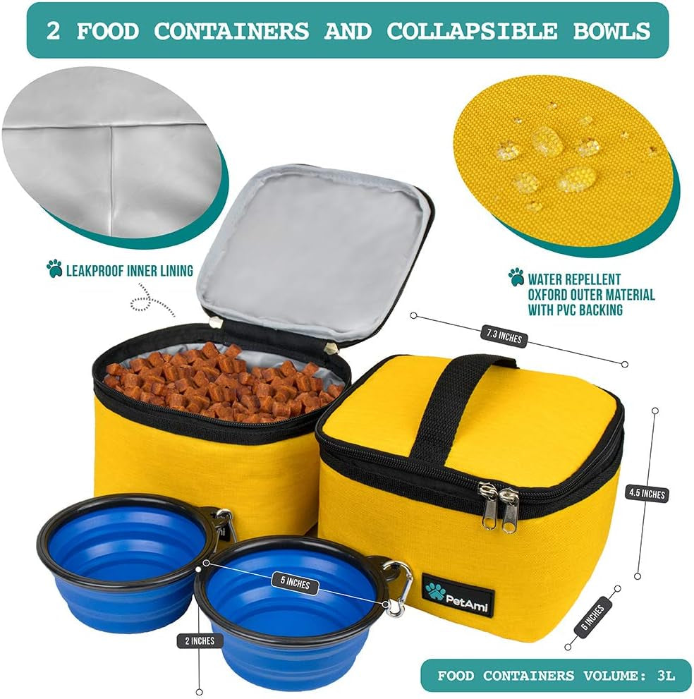 Dog Travel Bag, Travel Pet Bag Organizer, Dog Food Travel Bag with Container Collapsible Bowls, Pet Travel Supplies Gift Accessories for Weekend Camping, Puppy Cat Diaper Bag, Yellow Medium