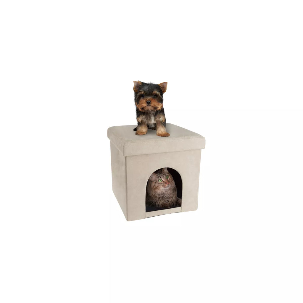 Pet House Ottoman - Collapsible Multipurpose Small Dog or Cat Bed Cube and Footrest with Cushion Top and Interior Pillow by PETMAKER (Microsuede Tan)