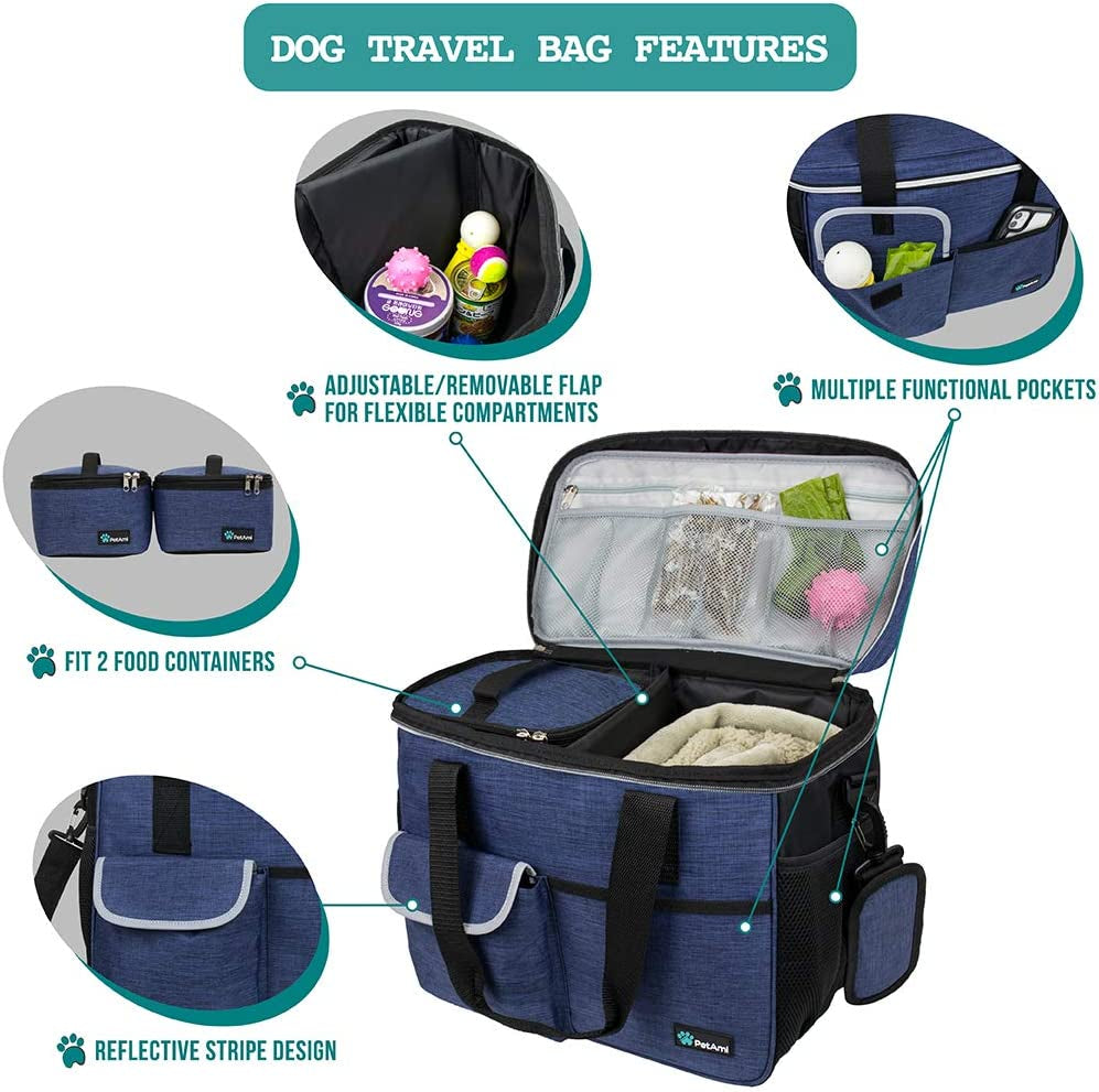 Dog Travel Bag, Travel Pet Bag Organizer, Dog Food Travel Bag with Container Collapsible Bowls, Pet Travel Supplies Gift Accessories for Weekend Camping, Puppy Cat Diaper Bag, Navy Blue Medium