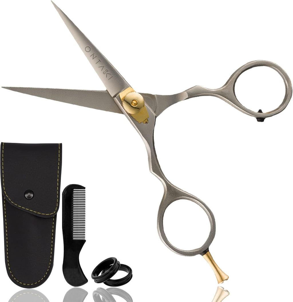 Beard & Mustache Scissors for Men - 5.5" Japanese Steel, Silver - Precision Sharp Blades, Ergonomic Finger Rest & Adjustable Tension Screw for Perfect Trimming - Beard Grooming Scissors