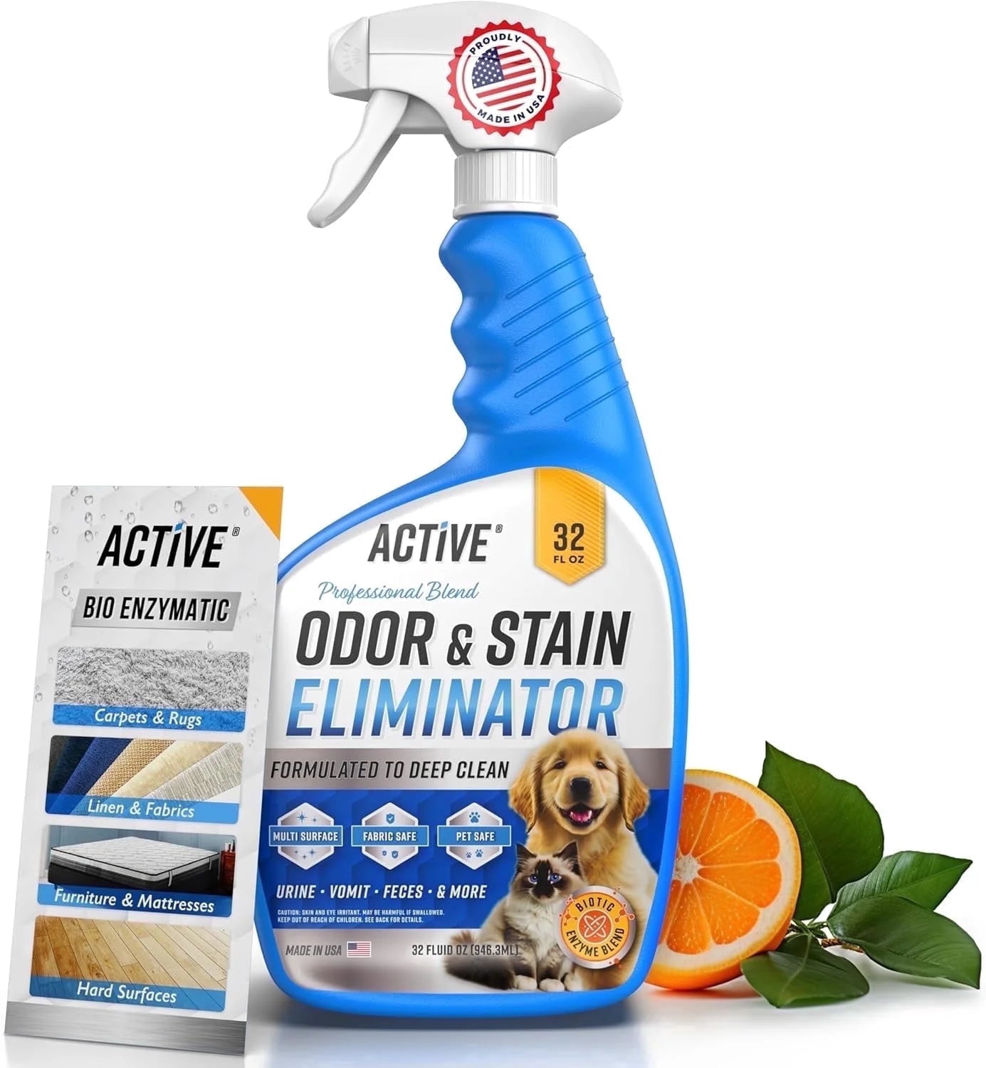 Pet Urine Stain Eliminating Cleaner with Enzymes, 32 Oz, for Dog and Cat Odor, Carpet and Upholstery Deodorizer, Natural Citrus