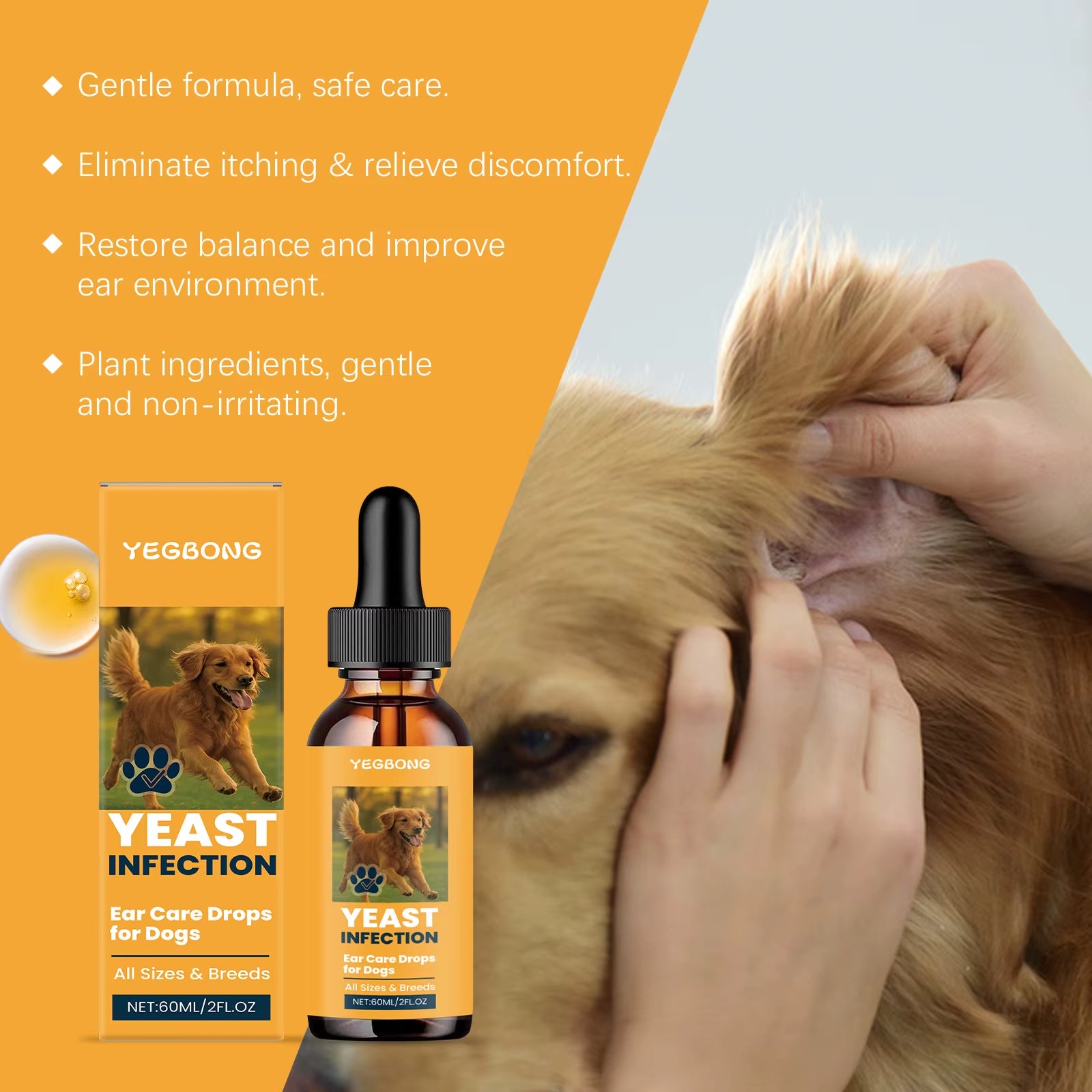 Dog Ear Care Drops Relieve Itching Dandruff Reduce Odor Anti-Fungals Earwax Remover No Irritating Pet Ear Cleaner Liquid 60Ml