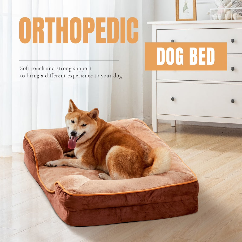 42"X32" Orthopedic Dog Bed, Memory Foam Puppy Sleeping Sofa, with Non-Slip Base, Washable Removable Cover, Improved Sleep for Pet, Brown