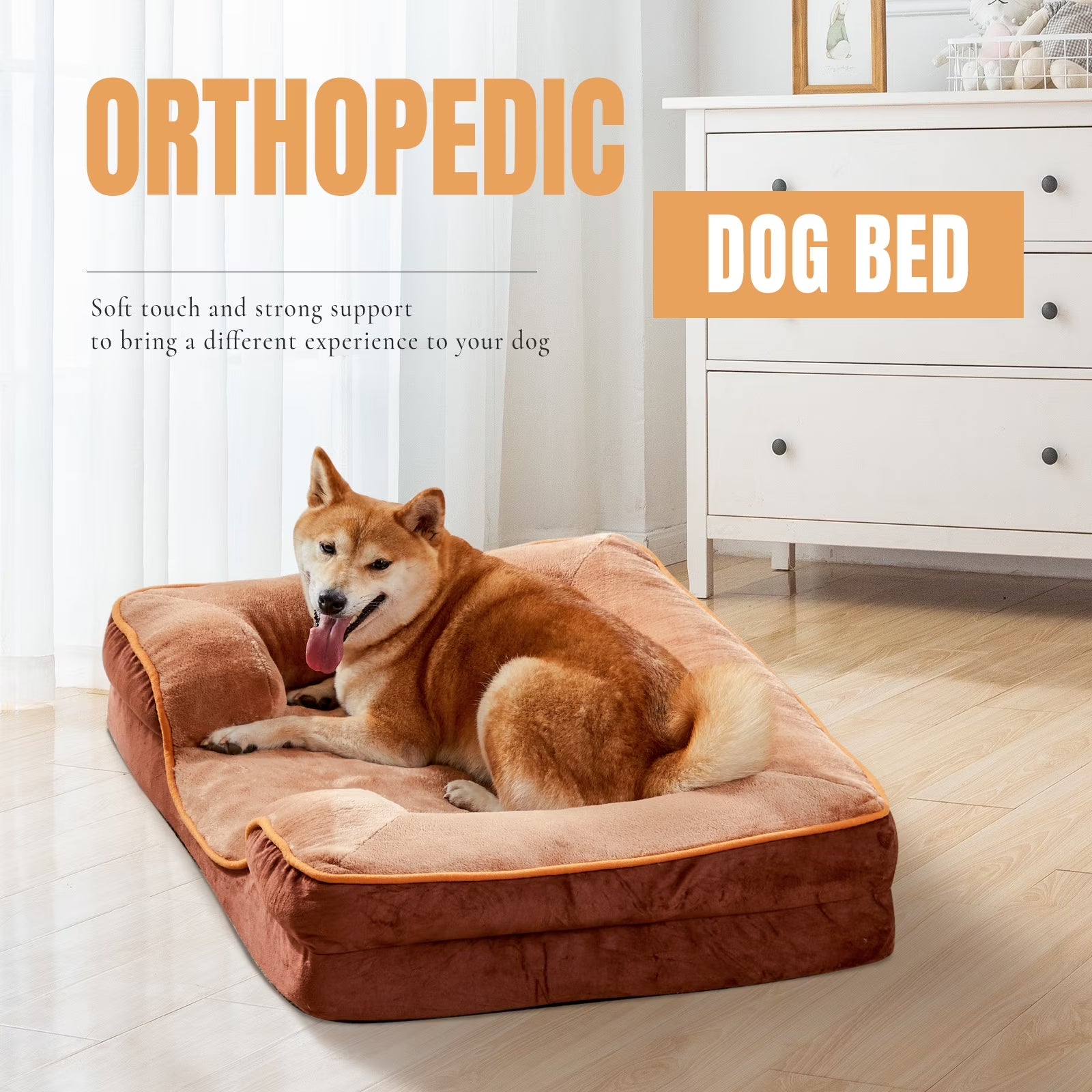 42"X32" Orthopedic Dog Bed, Memory Foam Puppy Sleeping Sofa, with Non-Slip Base, Washable Removable Cover, Improved Sleep for Pet, Brown