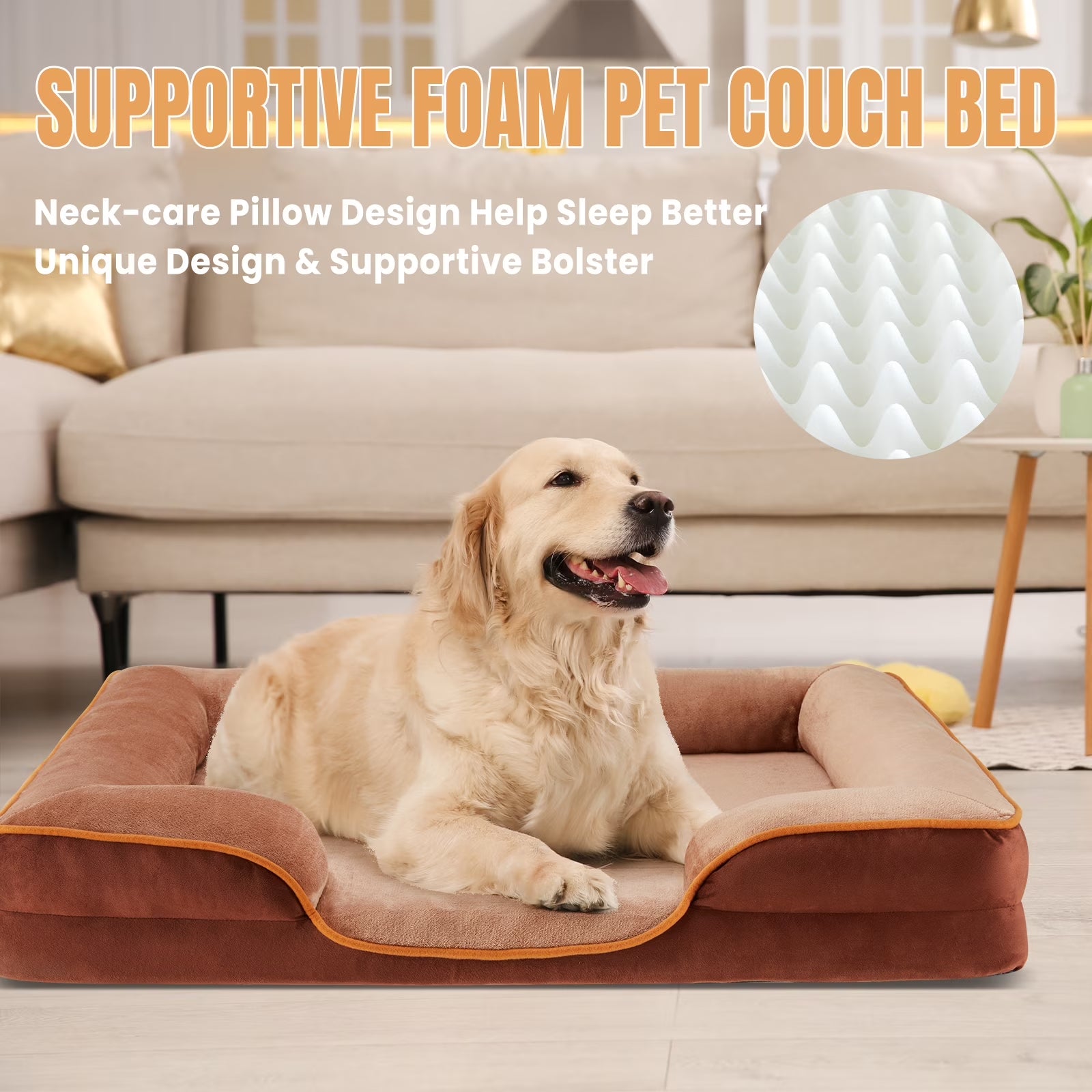 42"X32" Orthopedic Dog Bed, Memory Foam Puppy Sleeping Sofa, with Non-Slip Base, Washable Removable Cover, Improved Sleep for Pet, Brown