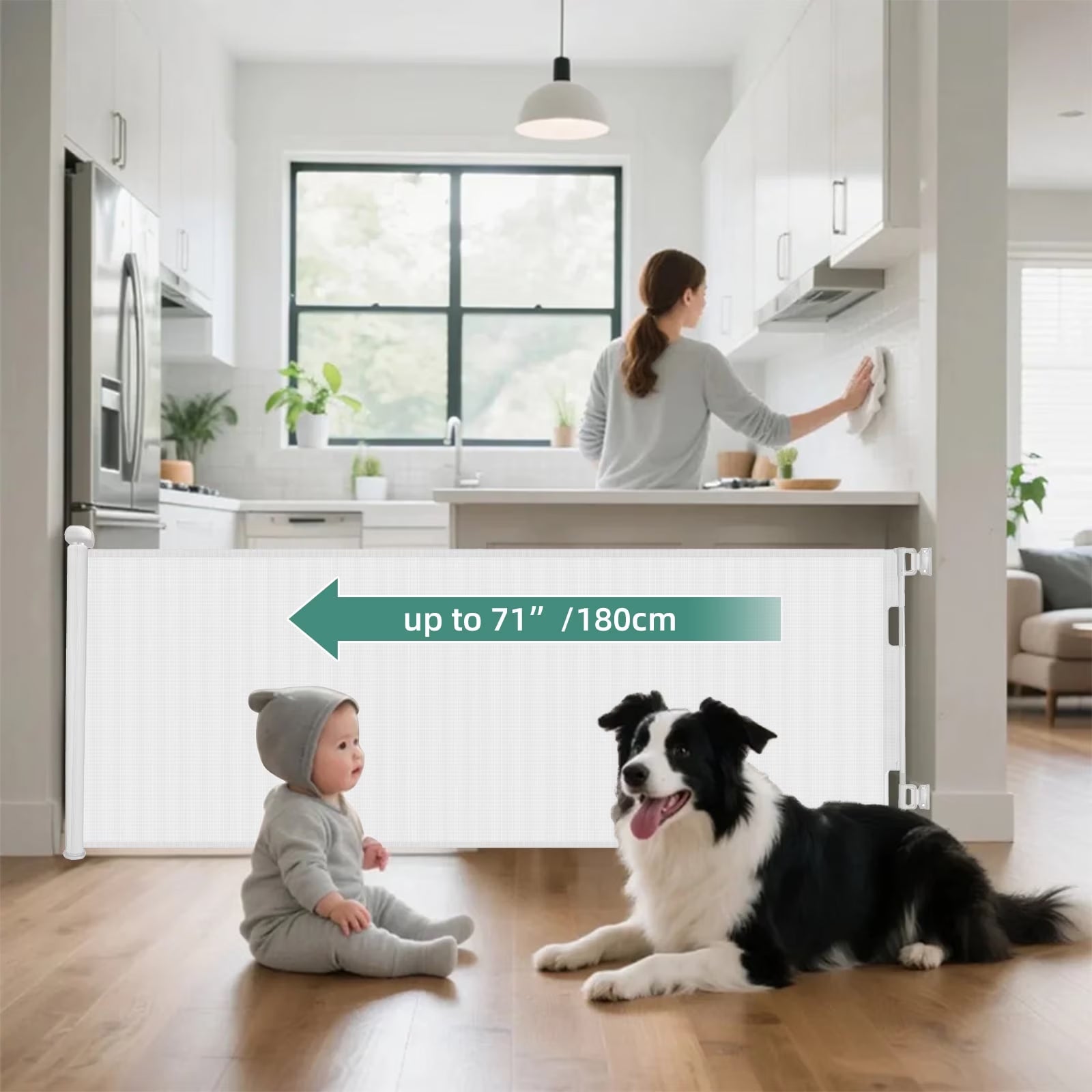 Retractable Baby Gate 33"X71"（1.8M）- Retractable Dog Gate (White)