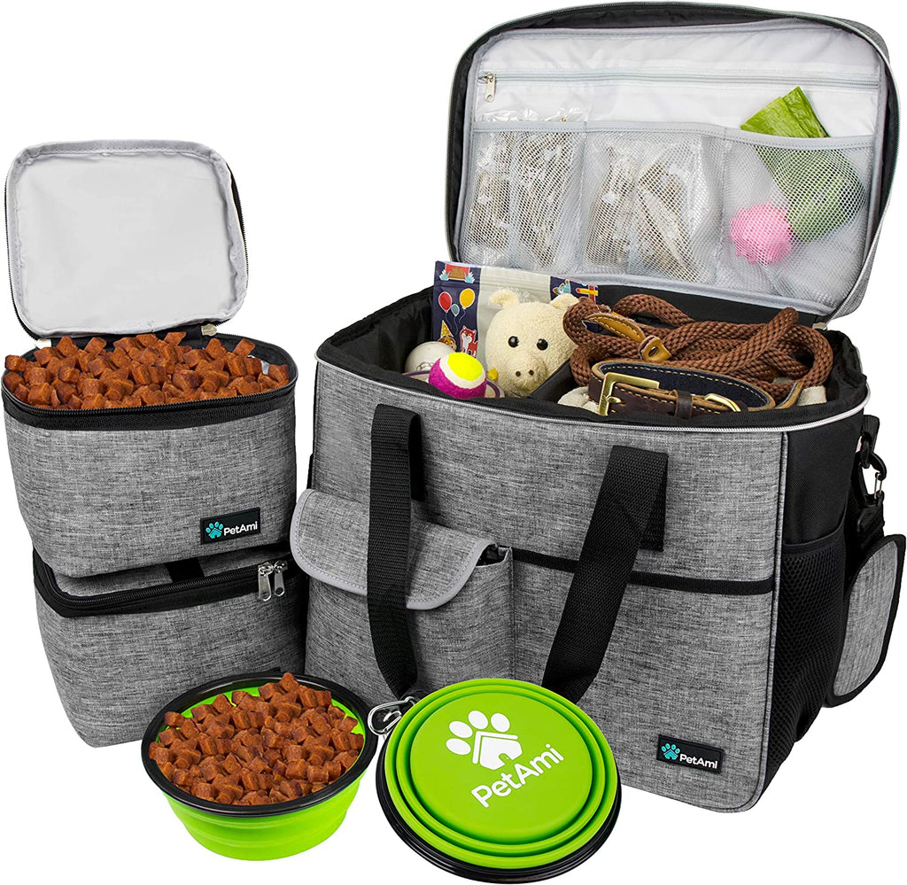 Dog Travel Bag, Travel Pet Bag Organizer, Dog Food Travel Bag with Container Collapsible Bowls, Pet Travel Supplies Gift Accessories for Weekend Camping, Puppy Cat Diaper Bag, Gray Large