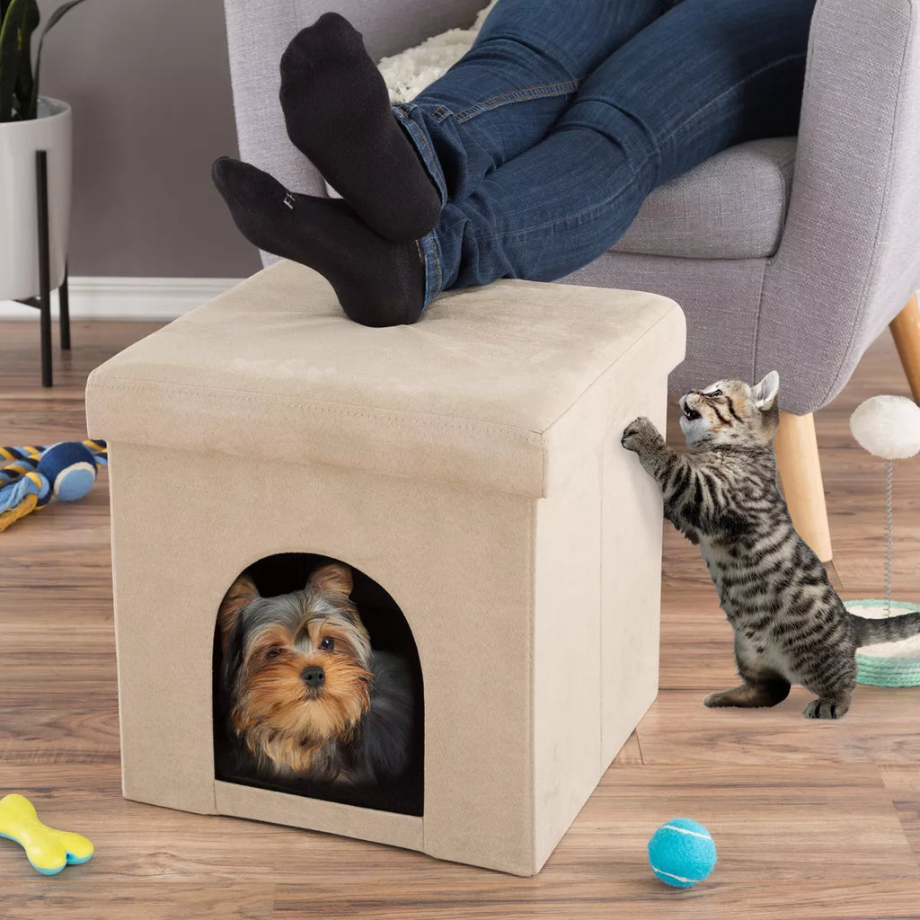 Pet House Ottoman - Collapsible Multipurpose Small Dog or Cat Bed Cube and Footrest with Cushion Top and Interior Pillow by PETMAKER (Microsuede Tan)