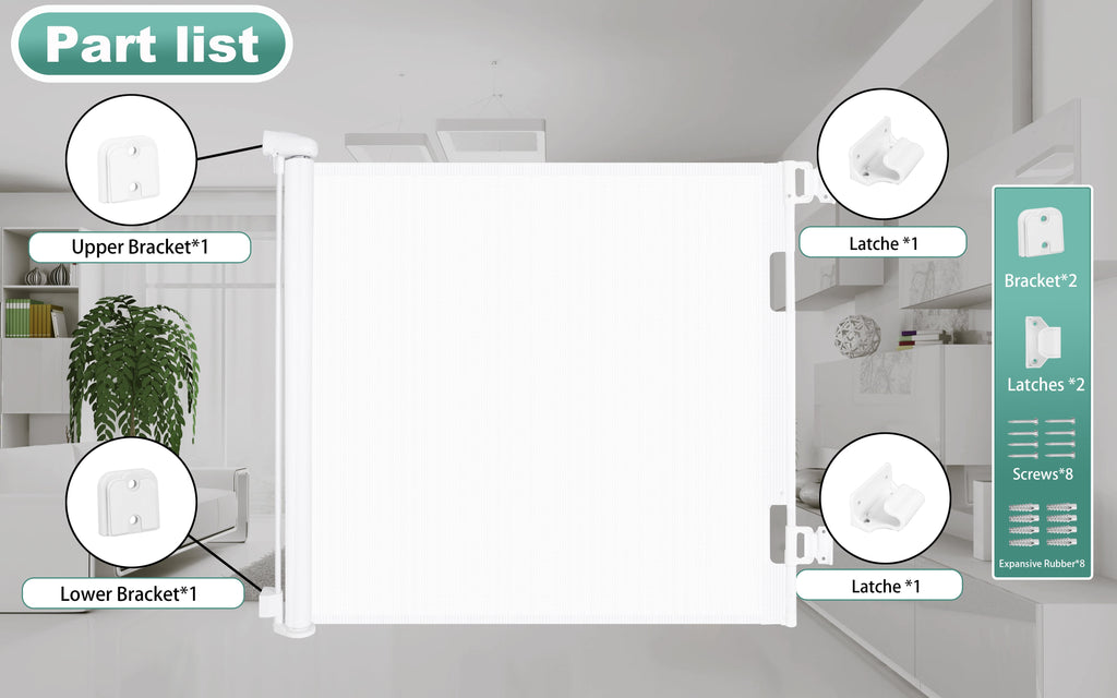 Retractable Baby Gate 33"X71"（1.8M）- Retractable Dog Gate (White)