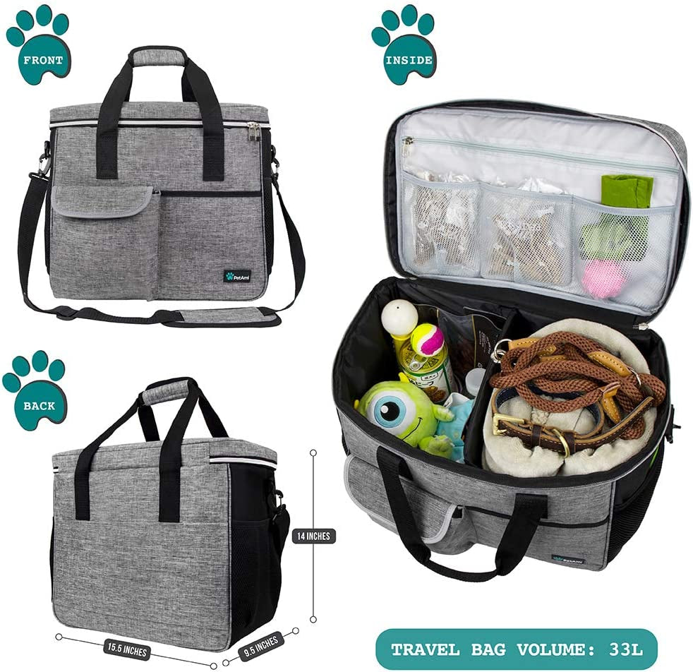 Dog Travel Bag, Travel Pet Bag Organizer, Dog Food Travel Bag with Container Collapsible Bowls, Pet Travel Supplies Gift Accessories for Weekend Camping, Puppy Cat Diaper Bag, Gray Large