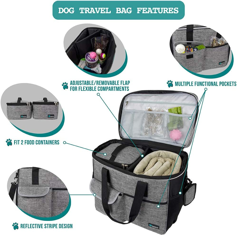 Dog Travel Bag, Travel Pet Bag Organizer, Dog Food Travel Bag with Container Collapsible Bowls, Pet Travel Supplies Gift Accessories for Weekend Camping, Puppy Cat Diaper Bag, Gray Large