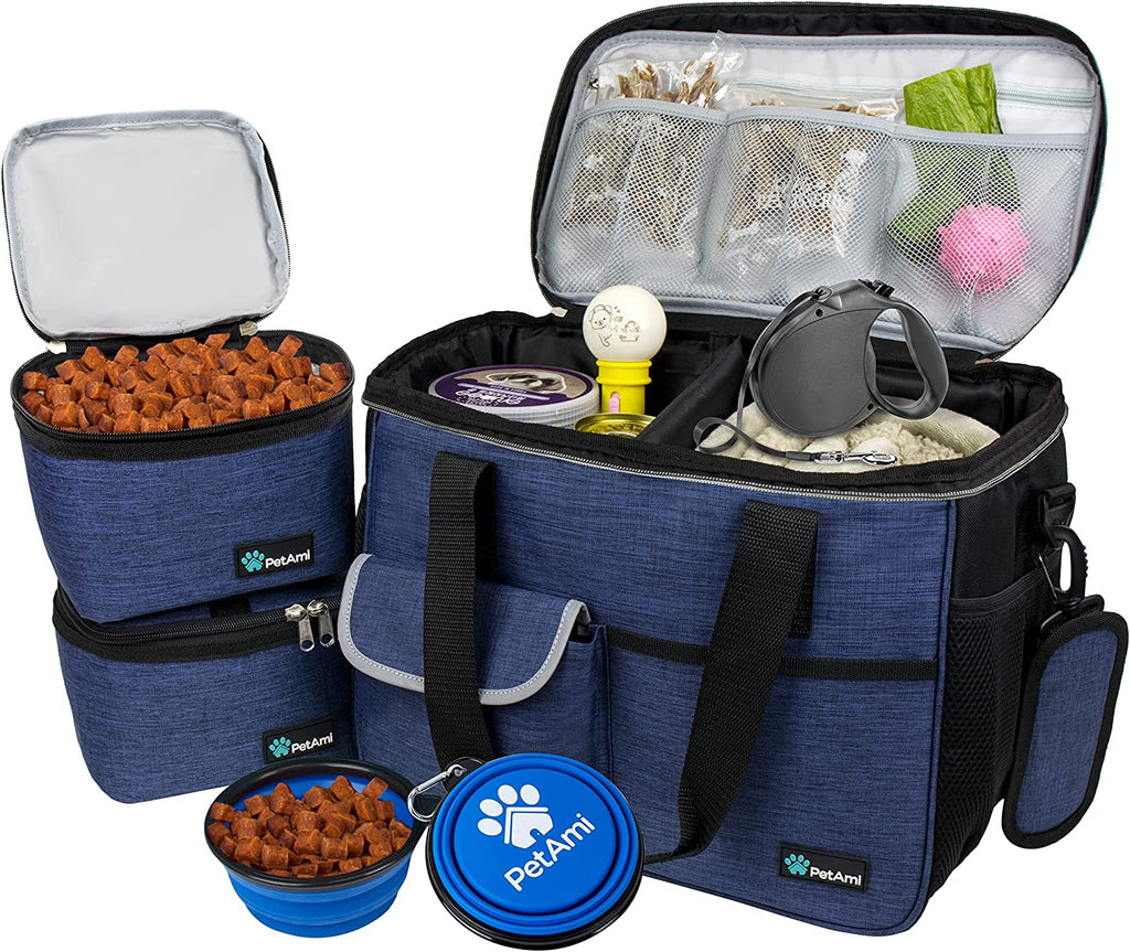 Dog Travel Bag, Travel Pet Bag Organizer, Dog Food Travel Bag with Container Collapsible Bowls, Pet Travel Supplies Gift Accessories for Weekend Camping, Puppy Cat Diaper Bag, Navy Blue Medium