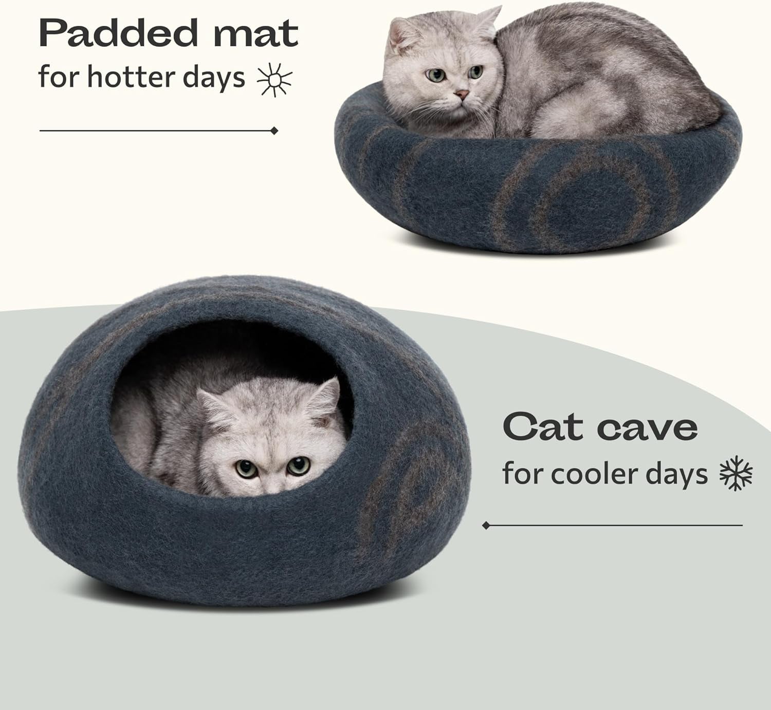 Cat Cave – Premium Felt Cat Bed for Indoor Cats, Handmade Merino Wool (Slate Grey, Large)