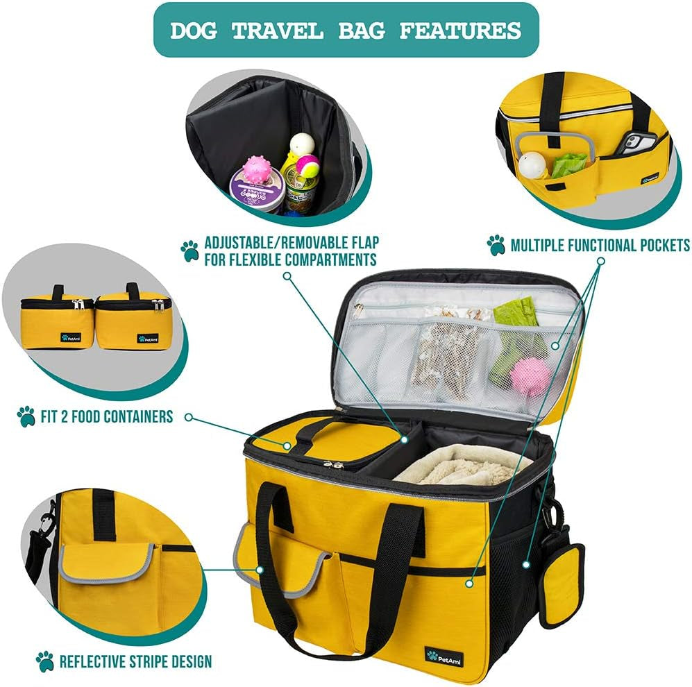 Dog Travel Bag, Travel Pet Bag Organizer, Dog Food Travel Bag with Container Collapsible Bowls, Pet Travel Supplies Gift Accessories for Weekend Camping, Puppy Cat Diaper Bag, Yellow Medium