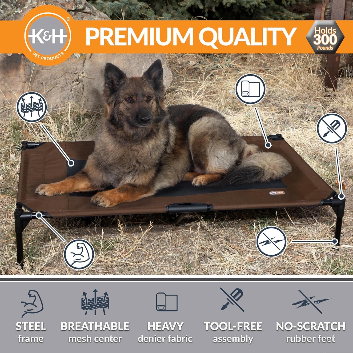 K&H Outdoor Elevated Dog Bed - Cooling Raised Dog Bed for Large & Extra-Large Pets, Breathable Mesh Center Hammock Design, Indoor/Outdoor Washable Cover, Portable Metal Frame, Chocolate, XL 50X32In