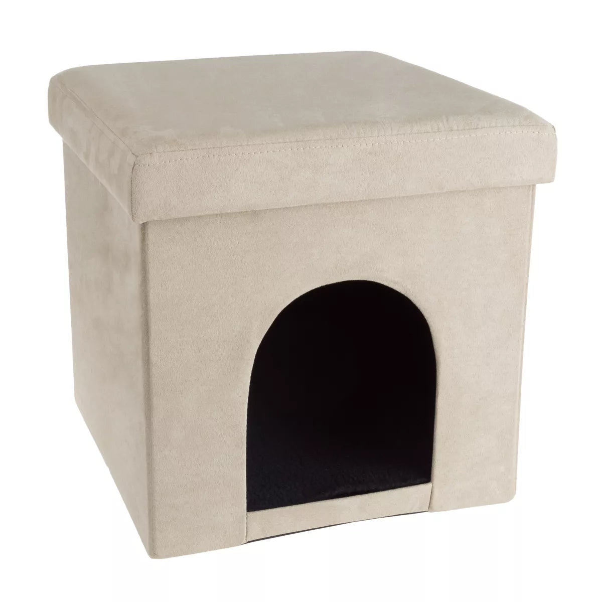 Pet House Ottoman - Collapsible Multipurpose Small Dog or Cat Bed Cube and Footrest with Cushion Top and Interior Pillow by PETMAKER (Microsuede Tan)