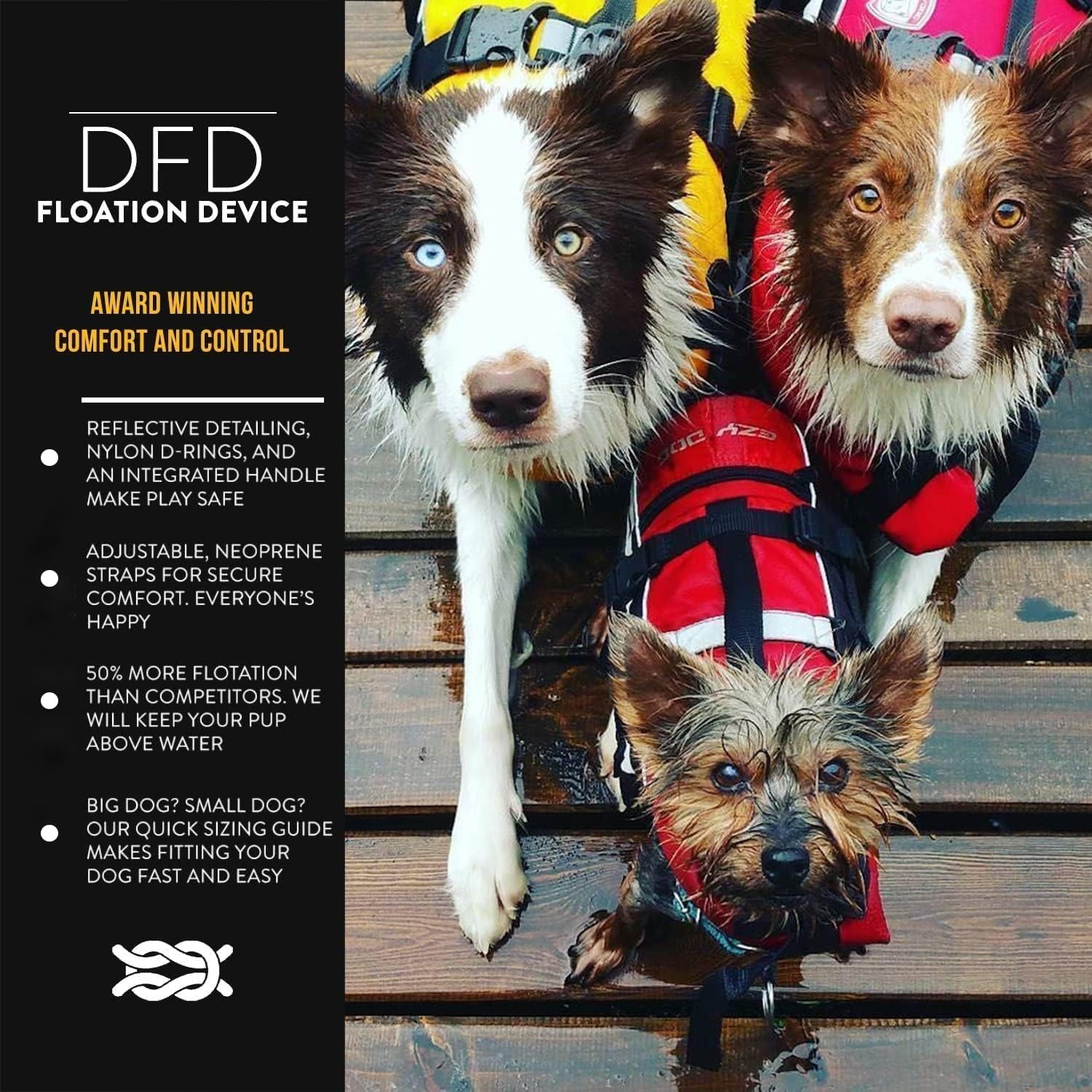 DFD Dog Life Jacket - Adjustable Swimming Safety Vest with Reflective Trim & Durable Grab Handle - 50% More Flotation Material - Medium, Yellow