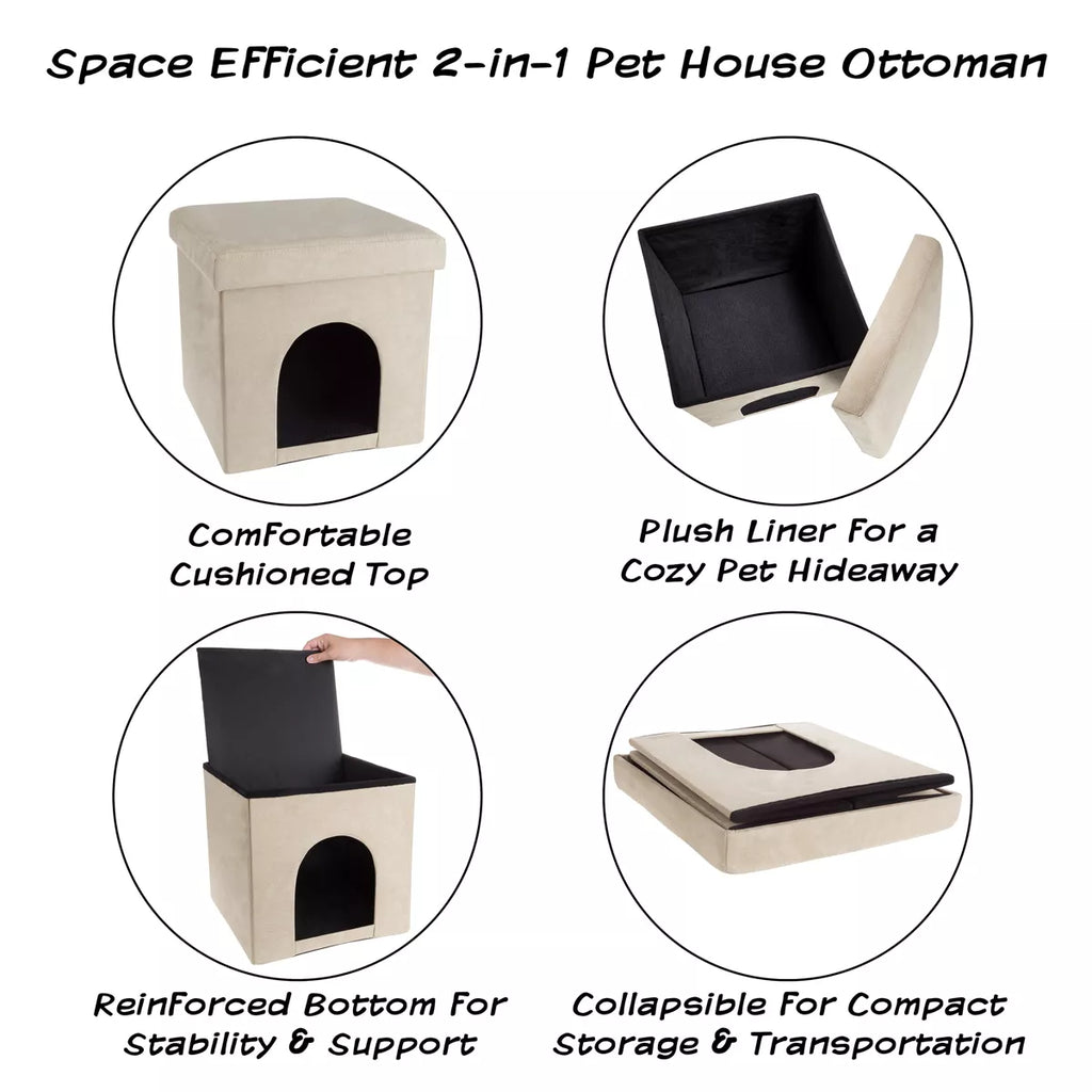 Pet House Ottoman - Collapsible Multipurpose Small Dog or Cat Bed Cube and Footrest with Cushion Top and Interior Pillow by PETMAKER (Microsuede Tan)