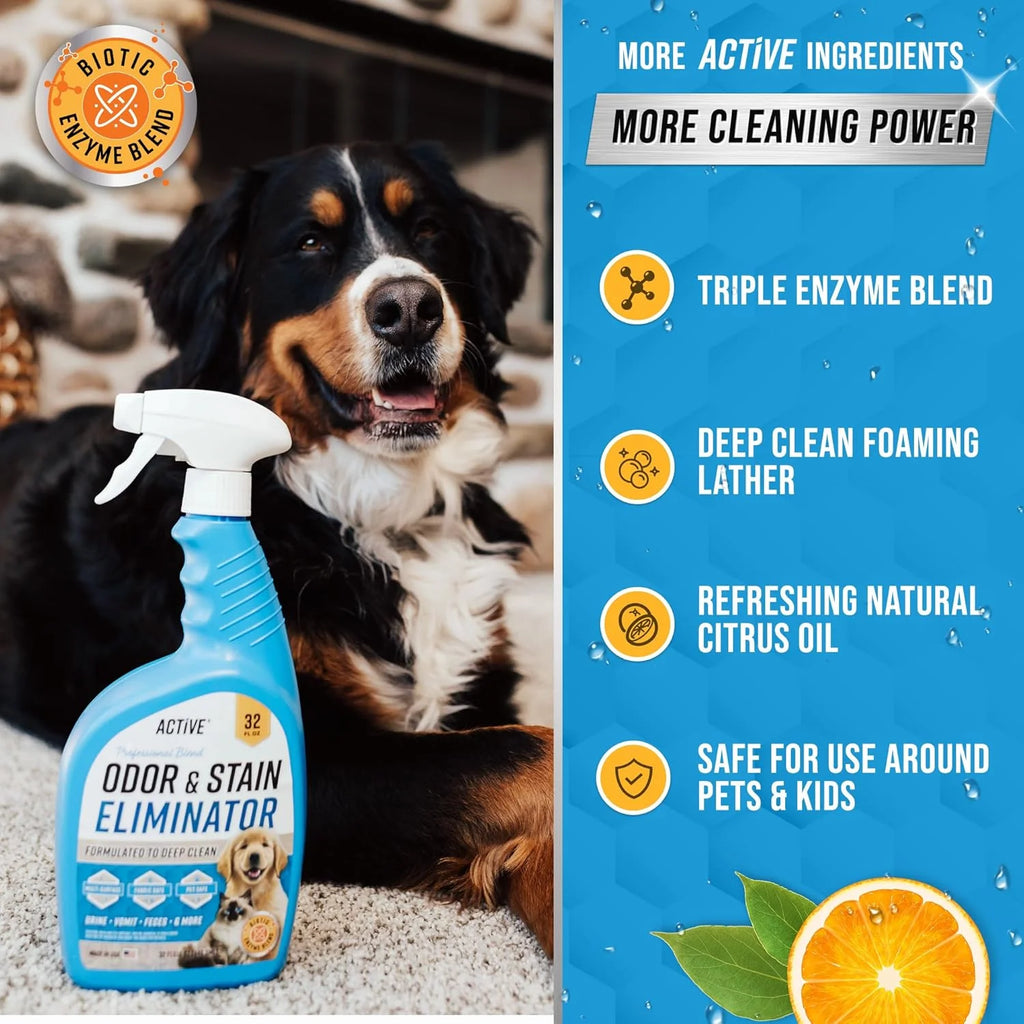 Pet Urine Stain Eliminating Cleaner with Enzymes, 32 Oz, for Dog and Cat Odor, Carpet and Upholstery Deodorizer, Natural Citrus