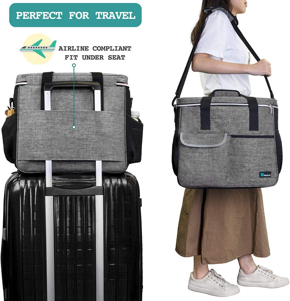 Dog Travel Bag, Travel Pet Bag Organizer, Dog Food Travel Bag with Container Collapsible Bowls, Pet Travel Supplies Gift Accessories for Weekend Camping, Puppy Cat Diaper Bag, Gray Large