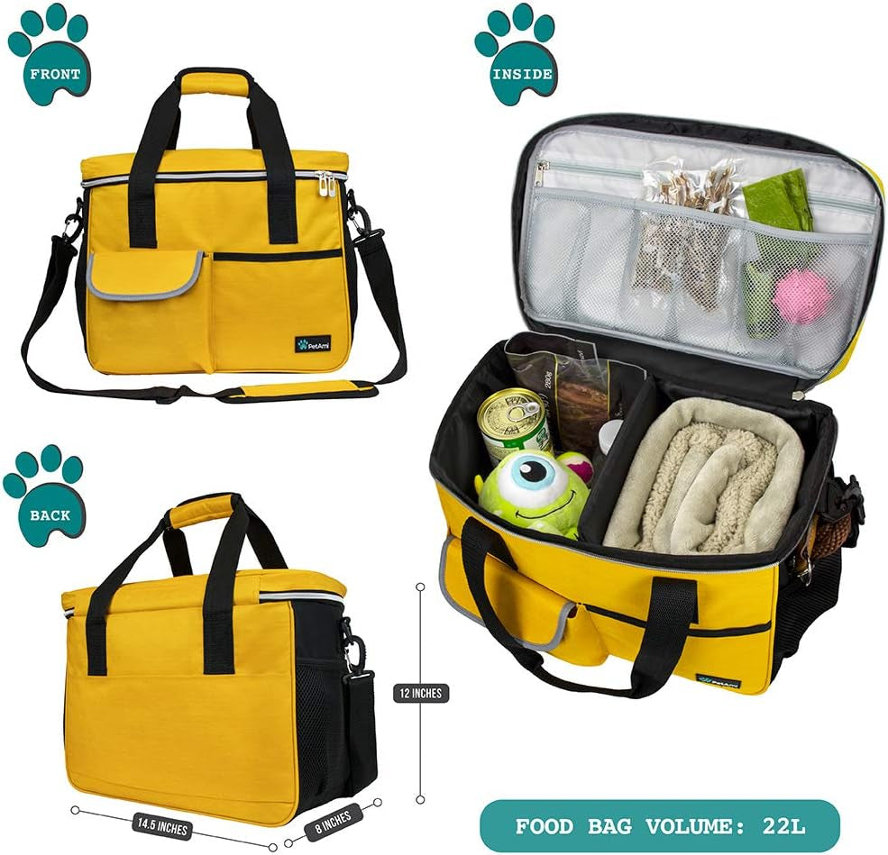 Dog Travel Bag, Travel Pet Bag Organizer, Dog Food Travel Bag with Container Collapsible Bowls, Pet Travel Supplies Gift Accessories for Weekend Camping, Puppy Cat Diaper Bag, Yellow Medium